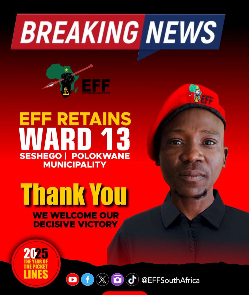 EFF_Limpopo's tweet image. ♦️Breaking News♦️
The EFF Retains Ward 13 in Seshego, Polokwane, reaffirming the people’s unwavering confidence in the leadership of the organisation.
This victory is a testament to the trust the community places in the EFF to champion their struggles and deliver genuine…