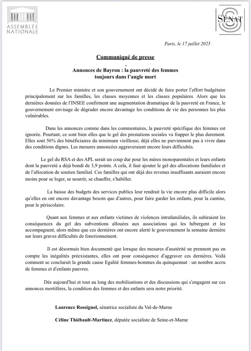 laurossignol's tweet image. La pauvreté spécifique des femmes aggravée par les mesures Bayrou et toujours dans l’angle mort du gouvernement . Notre communiqué avec la députée @ThiebaultCeline