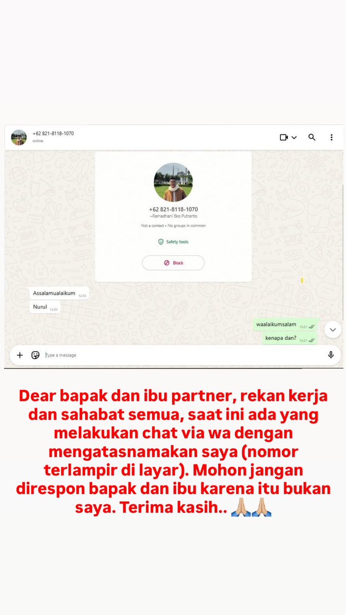 Dear all partner, rekan kerja dan sahabat, saat ini sedang ada oknum yang mengatasnamakan saya melakukan chat via whatsapp. Mohon untuk tidak merespon karena itu bukan saya. Terima kasih.