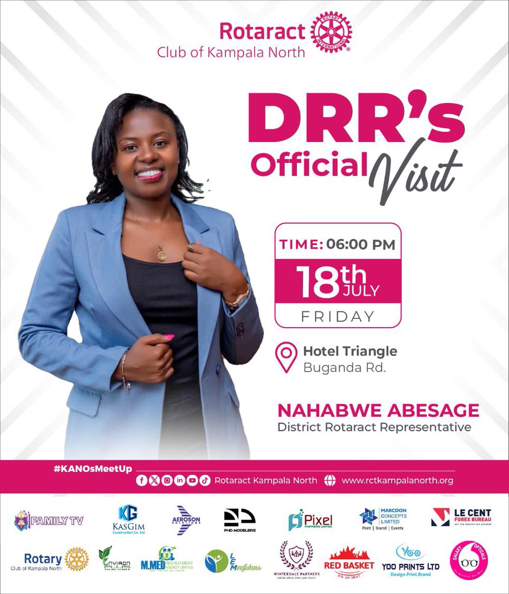 Rotaract District 9213 (@rotaractd9213) on Twitter photo DRR Visit β <a href="/kanosug/">Rotaract Kampala North</a>
This Friday, 18th July, heads to the vibrant <a href="/kanosug/">Rotaract Kampala North</a> for her official visit. A night of inspiration, fellowship, and renewed energy awaits! π
π 6:00 PM
π Hotel Triangle, Buganda Rd
Letβs show up strong and #Unite4Good9213! | #ThisIsRotaract DRR Visit β <a href="/kanosug/">Rotaract Kampala North</a>
This Friday, 18th July, heads to the vibrant <a href="/kanosug/">Rotaract Kampala North</a> for her official visit. A night of inspiration, fellowship, and renewed energy awaits! π
π 6:00 PM
π Hotel Triangle, Buganda Rd
Letβs show up strong and #Unite4Good9213! | #ThisIsRotaract