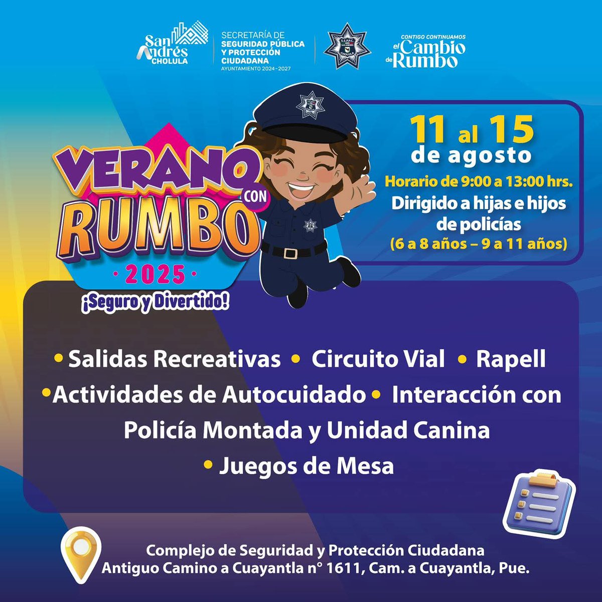 RedLibreNoticia's tweet image. ☀️🤩 El #VeranoConRumbo está por comenzar en #SanAndrésCholula.
La #SSPPC alista actividades para niñas y niños. 👮🏼‍♀️🦮🐴
📌 Fechas y horarios aquí 👇
#VeranoConRumbo