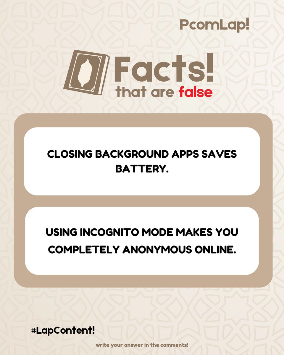 PComLap's tweet image. 🚫 Myths Busted:
— Closing apps won’t save battery
— Incognito doesn’t hide you
— Draining battery? Don’t.
— Macs DO get viruses
👇 Which one fooled you?
Follow @PcomLap! for more tech truth shots.
#LapContent #TechFacts #PcomLap