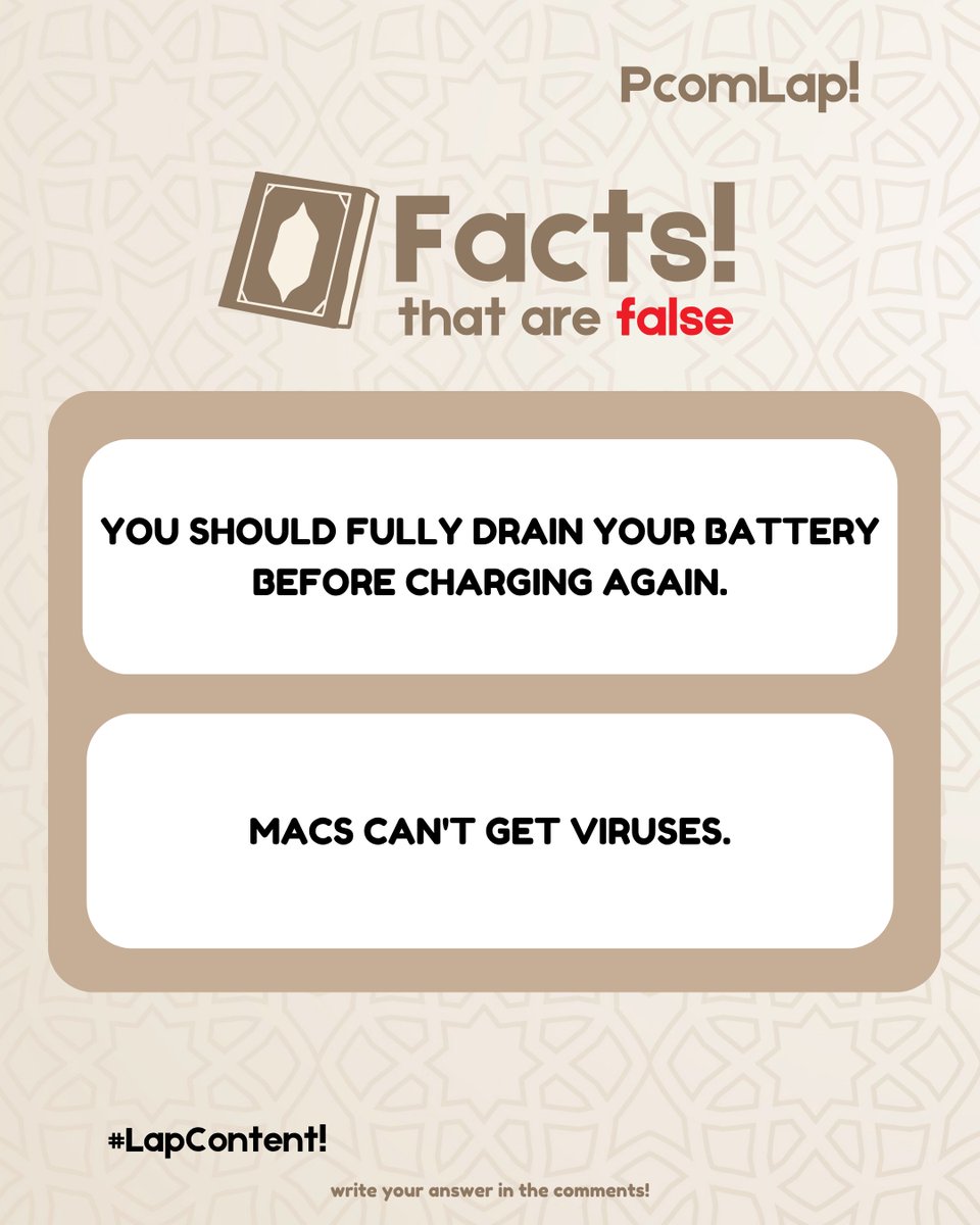 PComLap's tweet image. 🚫 Myths Busted:
— Closing apps won’t save battery
— Incognito doesn’t hide you
— Draining battery? Don’t.
— Macs DO get viruses
👇 Which one fooled you?
Follow @PcomLap! for more tech truth shots.
#LapContent #TechFacts #PcomLap
