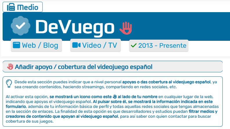 ❤️ Ahora personas y medios pueden activar, desde el Modo Edición_, un icono que muestra su apoyo / cobertura al videojuego español.

🤔 ¿Para qué sirve? Sigue leyendo y te lo contamos.