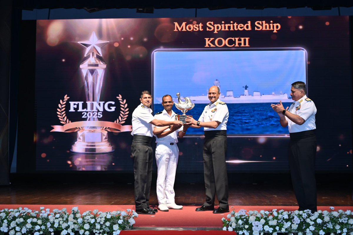 IN_WesternFleet's tweet photo. "वीरता: जयति: सम्मानः अनुगच्छति"
Heroism Triumphs, Honor Follows.
DAY-2, #GrandFinale of the #FleetEvening2025 of the #SwordArm commemorated with #PowerfulNarratives and films showcasing #OperationalGrit and #FleetOperations. VAdm Sanjay J Singh FOCINC #WNC awarded the intra Fleet competition #Trophies. #INSVisakhapatnam was adjudged the #BestShip amongst 'Carriers and Destroyers', #INSTeg the #BestShip amongst 'Frigates and Tankers' and #INSKochi was awarded the 'Most Spirited Ship. Various trophies for excellence in other dimensions of Fleet Operations were also awarded
@indiannavy
@IN_WNC
@DefPROMumbai