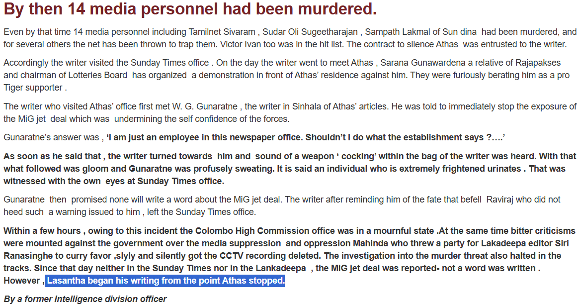 AthavanThula's tweet image. How Lasantha Wickrematunge Became a Target!!
--------------------------
The investigation into the murder threat also halted in the tracks. Since that day neither in the Sunday Times nor in the Lankadeepa , the MiG jet deal was reported- not a word was written . However ,…