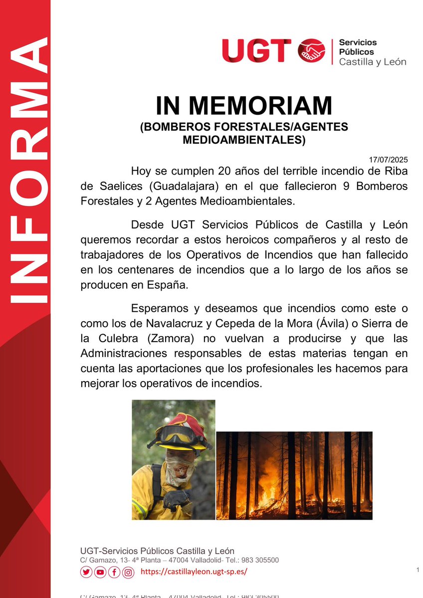 UGT_SP_CYL's tweet image. 📆 Hoy se cumplen 20 años del incendio de Guadalajara.