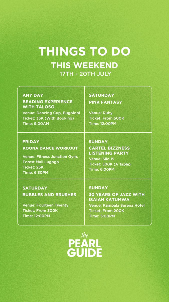 thePearlGuideUg's tweet image. If Kampala has been draining you all week, this list is your recovery plan.😮💨
Send this to your squad and make it a weekend to remember.🔥
#weekendplans #Kampala #weekend