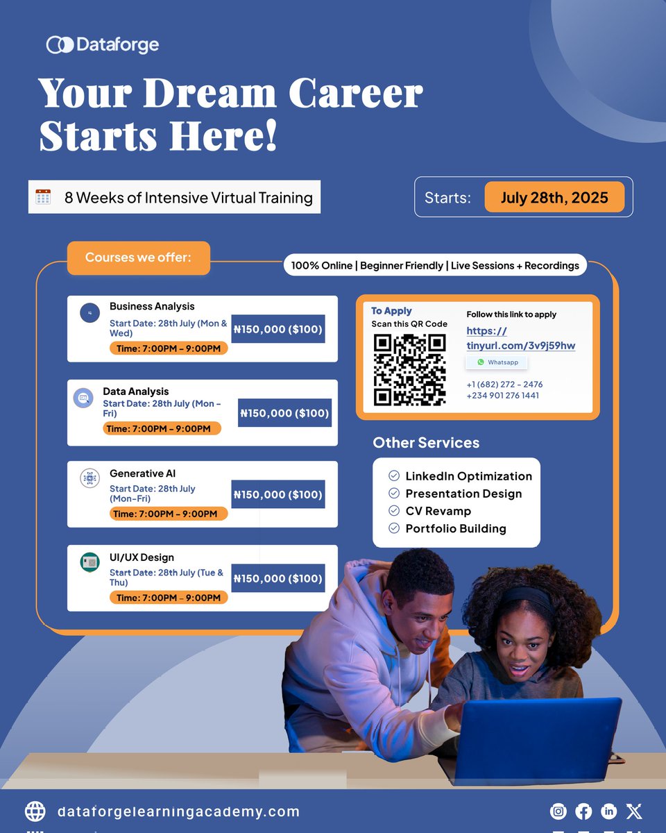 DataForge_LA's tweet image. Your future is waiting, which door will you open? Drop your pick in the comments 
 Our next cohort kicks off July 28th and it could be your chance to finally build that dream tech career.

👉 Let’s get you started. click on the Link : tinyurl.com/3v9j59hw

#DataForge