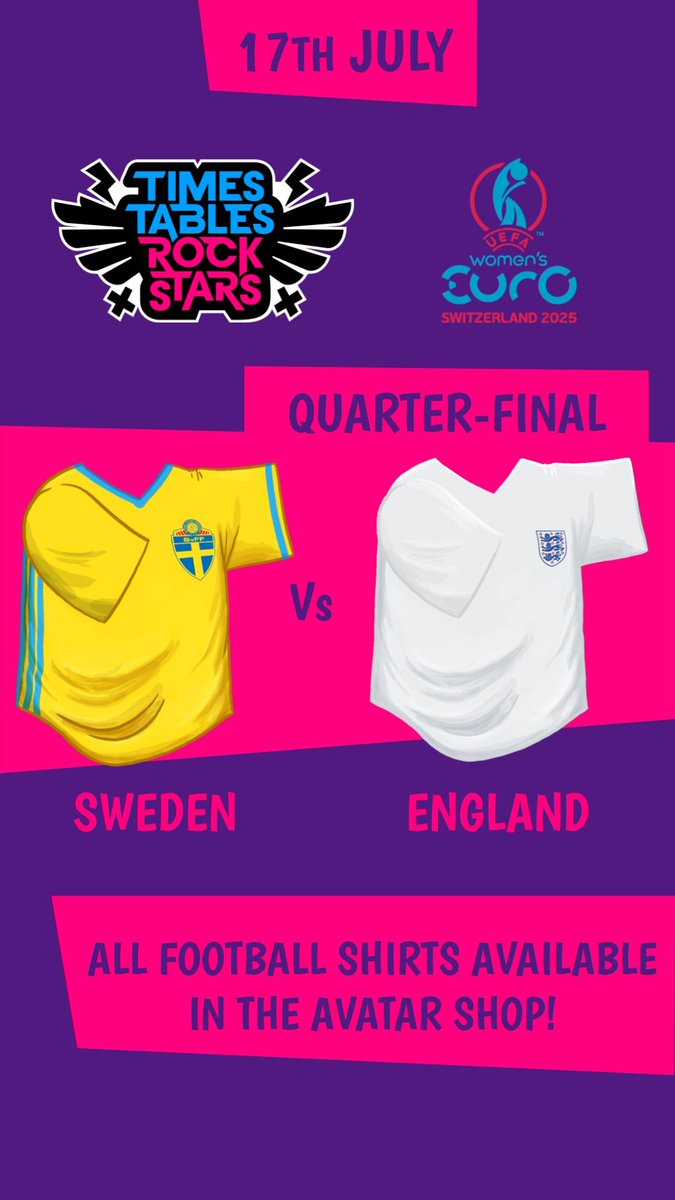 TTRockStars's tweet image. Next up in the quarter-finals of @WEURO2025 ⚽️
Sweden🇸🇪 vs England🏴
Can we start dreaming yet @Lionesses?🤭
Get your class involved! We've added football shirts for each team in the Euros to our Avatar Shop. 👕🛒
#WomensEuros #WEURO2025