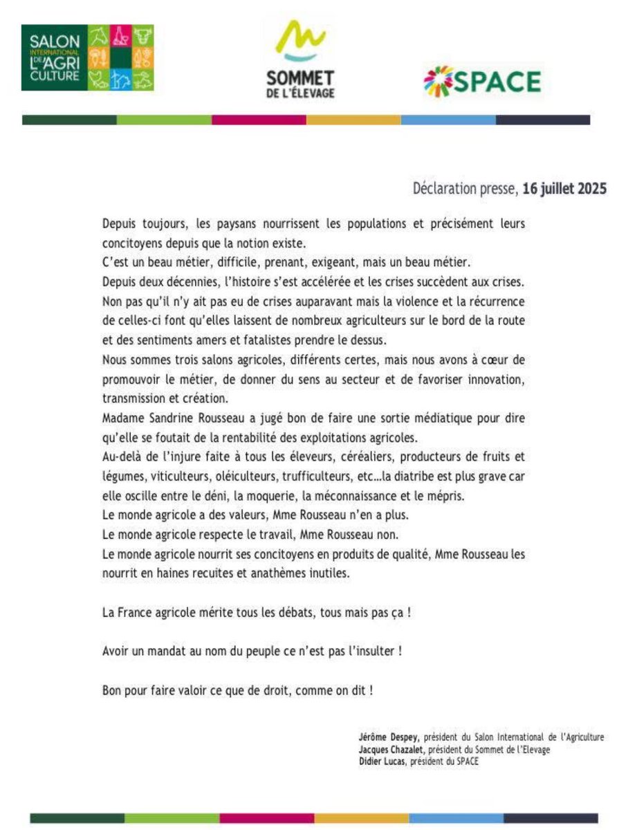 yfavennec's tweet image. Merci pour cette déclaration que je soutiens totalement 👍👋👍👋 
Être représentant du peuple, ce n’est ni l’insulter ni le mépriser. Nos agriculteurs sont notre fierté et les garants de notre souveraineté alimentaire. #SandrineRousseau