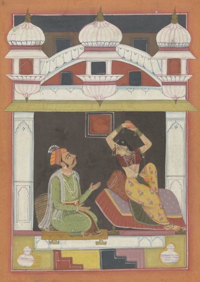 EviMaheshvari's tweet image. #Ragamalaporlamañana
🟫Dervarata Ragini
📆ca.1690
La arquitectura enmarca la escena, pero el fondo es una masa de color q contrasta con la pareja en el centro. Parece que discuten,sobre todo,por la postura de ella. Muy habitual en la pintura india;en un gesto de tensión corporal