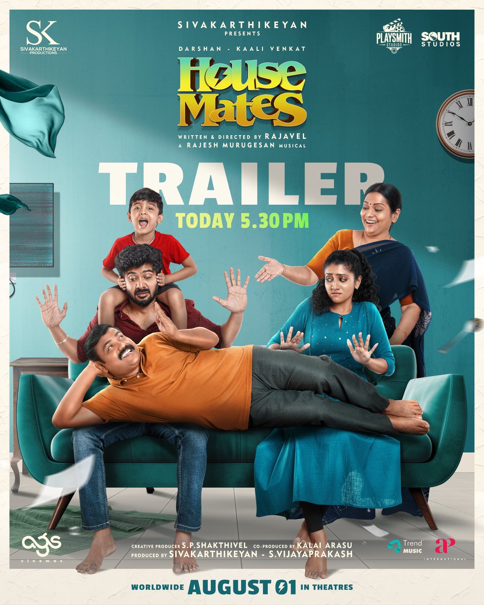 AGS Cinemas (@agscinemas) on Twitter photo The trailer of our film #HouseMates releases today at 5:30 PM.
The film hits theatres on August 1.
#HousematesFromAug1
<a href="/Siva_Kartikeyan/">Sivakarthikeyan</a> <a href="/KalaiArasu_/">Kalai Arasu</a> <a href="/SKProdOffl/">Sivakarthikeyan Productions</a> <a href="/archanakalpathi/">Archana Kalpathi</a> <a href="/aishkalpathi/">Aishwarya Kalpathi</a> <a href="/agscinemas/">AGS Cinemas</a> <a href="/rajvel_hbk/">rajavel</a> <a href="/Darshan_Offl/">Darshan</a> <a href="/kaaliactor/">Kaali Venkat</a> #ArshaBaiju <a href="/VinodhiniUnoffl/">Vinodhini Vaidynathan</a> The trailer of our film #HouseMates releases today at 5:30 PM.
The film hits theatres on August 1.
#HousematesFromAug1
<a href="/Siva_Kartikeyan/">Sivakarthikeyan</a> <a href="/KalaiArasu_/">Kalai Arasu</a> <a href="/SKProdOffl/">Sivakarthikeyan Productions</a> <a href="/archanakalpathi/">Archana Kalpathi</a> <a href="/aishkalpathi/">Aishwarya Kalpathi</a> <a href="/agscinemas/">AGS Cinemas</a> <a href="/rajvel_hbk/">rajavel</a> <a href="/Darshan_Offl/">Darshan</a> <a href="/kaaliactor/">Kaali Venkat</a> #ArshaBaiju <a href="/VinodhiniUnoffl/">Vinodhini Vaidynathan</a>