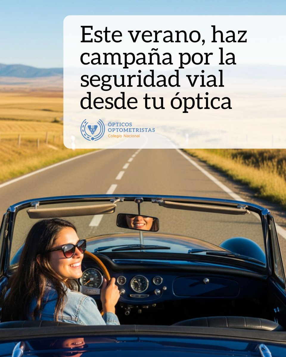 CNOO_Spain's tweet photo. La conducción en vacaciones conlleva largas horas al volante, mayor exposición solar y posibles deslumbramientos.

👁️ Como #ópticooptometrista, puedes promover revisiones visuales previas a los desplazamientos y recomendar filtros solares específicos para la conducción. https://t.co/VcyHgTzUzl