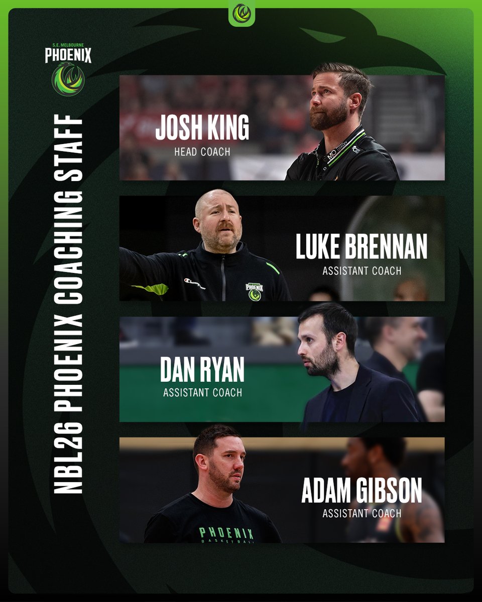 SEMelbPhoenix's tweet image. The Phoenix have finalised their coaching panel for NBL26. 🏀
Welcome to the Heartland Dan Ryan. 💚
📝Read more: bit.ly/457tvaW
@CoachJoshKing @luke_trigz @dfryan00 @adamgibson_1