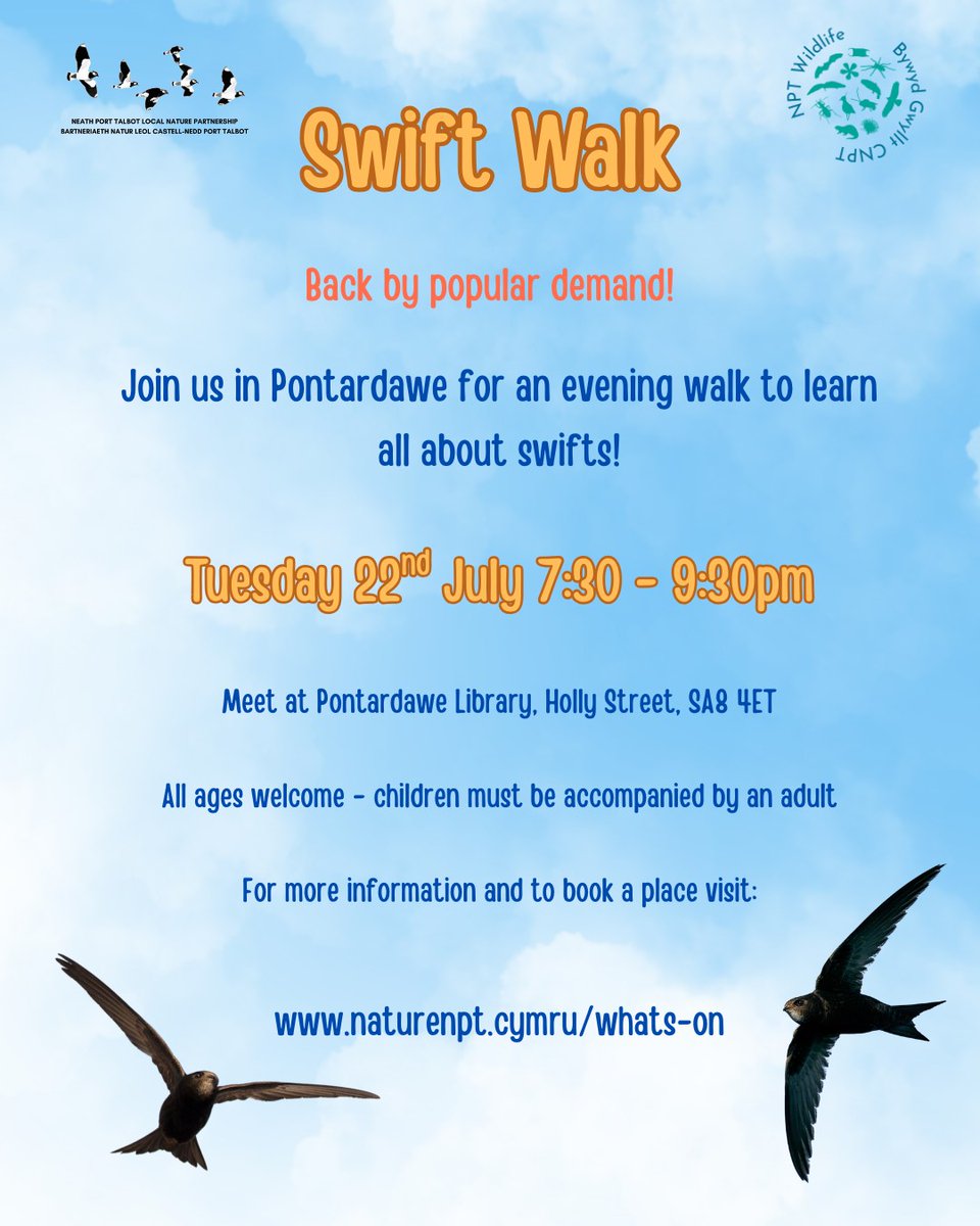 NPT Local Nature Partnership are running a Swift Walk on Tuesday 22nd July meeting at 19:30 at Pontardawe Library. Full details can be found at the link below.

gowerbirds.org.uk/event/pontarda…