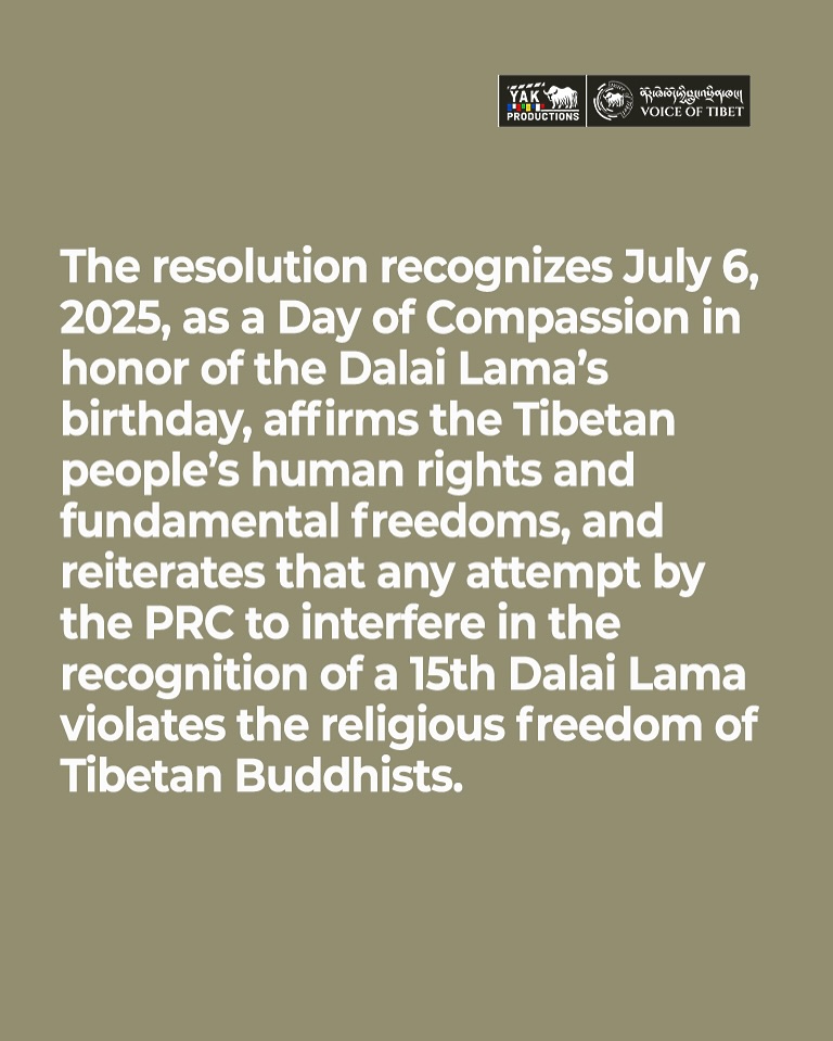 In a unanimous vote, the U.S. Senate declared July 6, 2025—His Holiness the Dalai Lama’s 90th birthday—as a Day of Compassion, reaffirming bipartisan support for Tibetan rights, religious freedom &amp; nonviolence. The resolution rejects China’s interference in the Dalai Lama’s