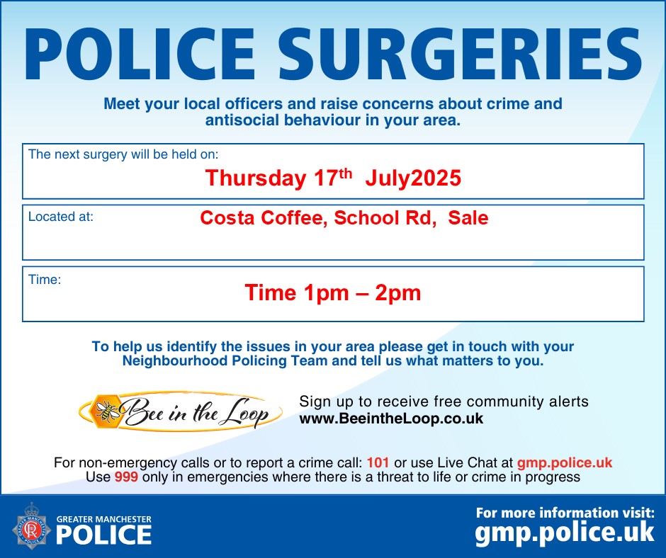 GMPTrafford's tweet image. Your local PCSO will be here to have a chat. Come along if you have any local concerns
