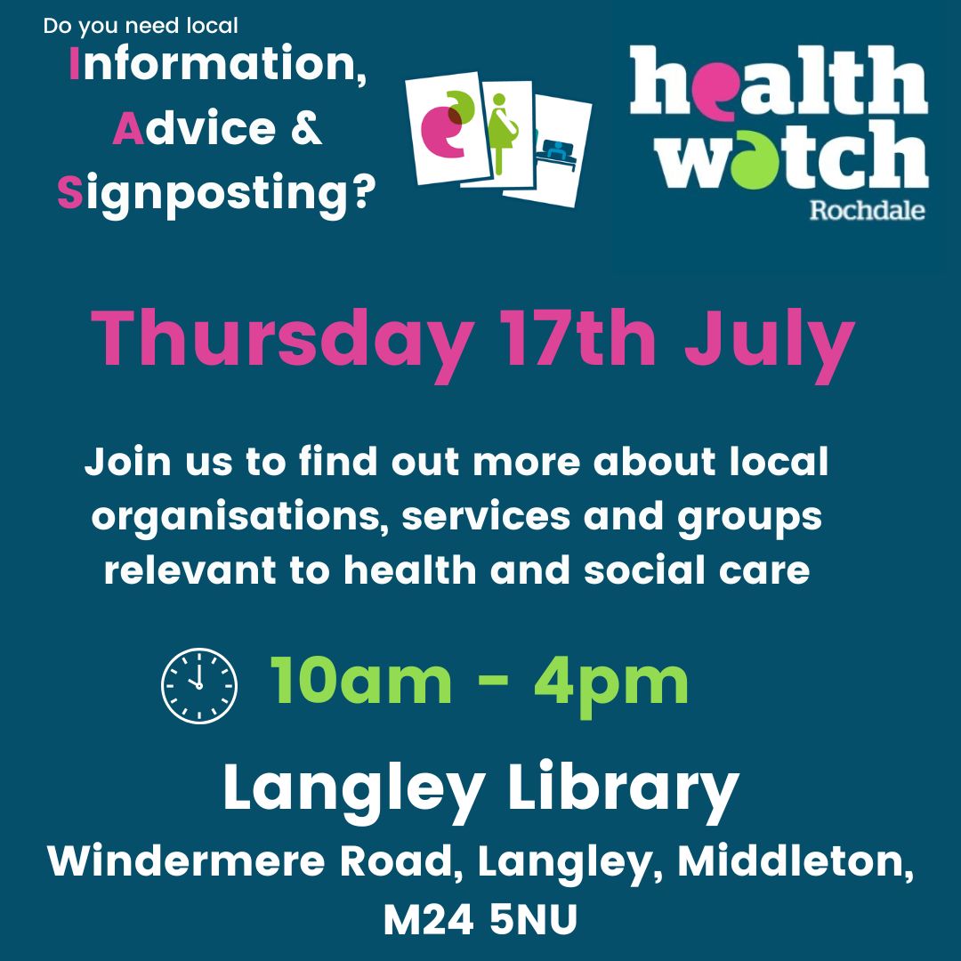 TODAY - we will be at Langley Library, Windermere Rd, Middleton
rochdale.gov.uk/directory-reco…

Join us 10am  4pm.
Can't make it - you can share your feedback with us, or ask us a health or social care related question via email - info@healthwatchrochdale.org.uk