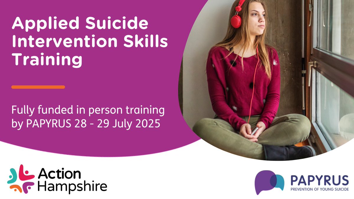 Join a skills building workshop that prepares caregivers to provide suicide first aid interventions.

📍 Winchester, in person
📅 28 and 29 July
🧠 delivered by PAPYRUS
💡 Fully funded

👉 Learn more an register here: lght.ly/41f1cl9