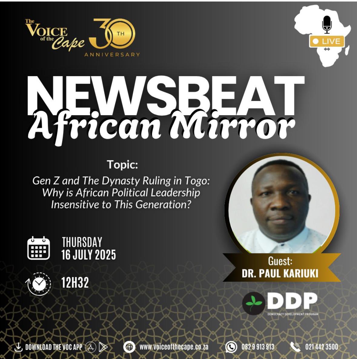 DDP Executive Director will be sharing thought-provoking views on the topic of Gen Z and Dynasty ruling in Togo: Why is African political leadership insensitive to this generation?

Date: 17 July 2025
Time: 12:32
Tune in live on 91.3 FM or catch the segment on the VOC app 📱🎧