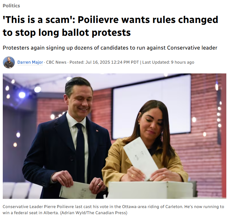 sonofperon's tweet photo. @PierrePoilievre So either you're saying you're going to lose the easiest riding for a Conservative to win, or you think the people of BR/CF are not smart enough to find your name on a ballot. Jeff, this is fucking embarrassing. https://t.co/8eGyRe6N9B