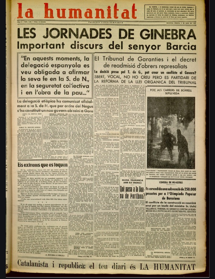 ✋🏽89 anys de feixisme espanyol des de l'aixecament del general Yagüe a Melilla contra l'ordre democràtic de la República, 89 anys de feixisme que ara, paradoxalment, és defensat per algunes de les víctimes.

🗓️13 dies abans «La Humanitat» — Any 5, núm. 1360 (4 jul. 1936) es feia