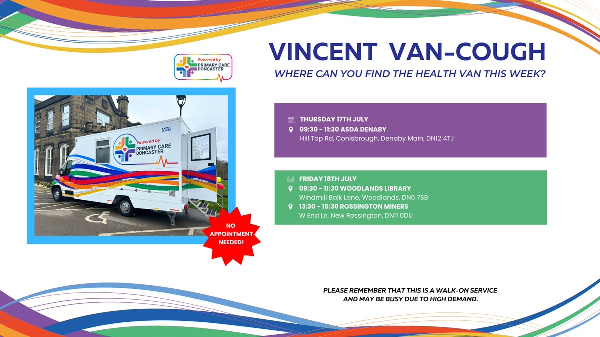 GPFedDoncaster's tweet image. Need to see a GP? 🩺
Come see us on the Health Van! 🚌

Vincent Van Cough will be at ASDA Denaby this morning, and Woodlands Library and Rossington Miners tomorrow!

More info:
primarycaredoncaster.co.uk/services/vince…

#Doncaster #VincentVanCough