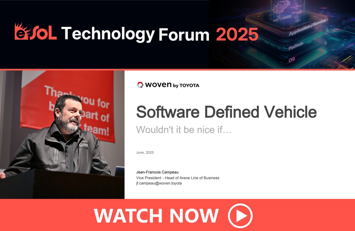 eSOL_Global's tweet image. Woven by Toyota’s Vice President and Head of Arene Jean-Francois Campeau took part in our recent eTF2025 event. His remarks, which addressed the issues facing legacy OEMs in the rise of new competitors, were recorded.
Follow this link to watch the video: hubs.li/Q03xBN5r0