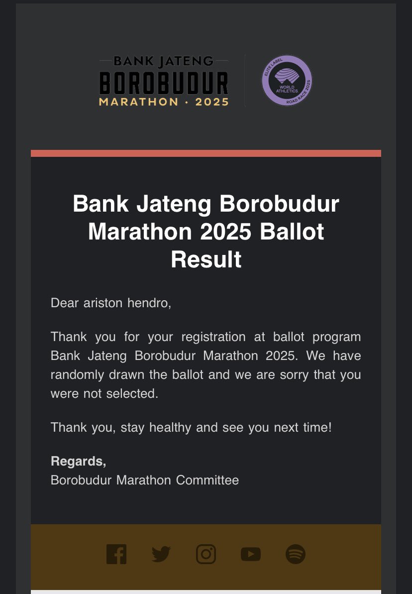 ariston29's tweet photo. 2024 dapet fast track
2025 harus ikut ballot dan berakhir gagal mendapatkan slot.
Patah hatinya berasa, sudah latihan 4 bulan buat event ini. Penantiannya 1 tahun. Tahun depan kita coba lagi saja🔥 https://t.co/DCIvLHVWVN