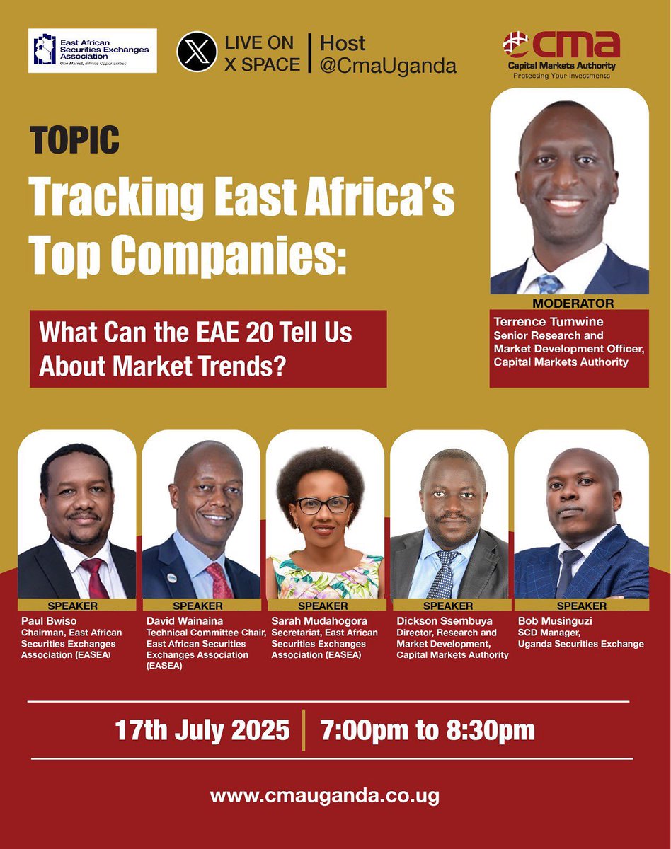 CMA Uganda (@cmauganda) on Twitter photo Happening today
#Reminder📢 #XSPACES #Joinus
Join us today at 7pm for an engaging & informative X-Space hosted by <a href="/CmaUganda/">CMA Uganda</a> as we explore ''Tracking East Africa’s Top Companies: What can the EAE Index 20 Tell Us About Market Trends ?”
Expect to understand what a stock Happening today
#Reminder📢 #XSPACES #Joinus
Join us today at 7pm for an engaging & informative X-Space hosted by <a href="/CmaUganda/">CMA Uganda</a> as we explore ''Tracking East Africa’s Top Companies: What can the EAE Index 20 Tell Us About Market Trends ?”
Expect to understand what a stock