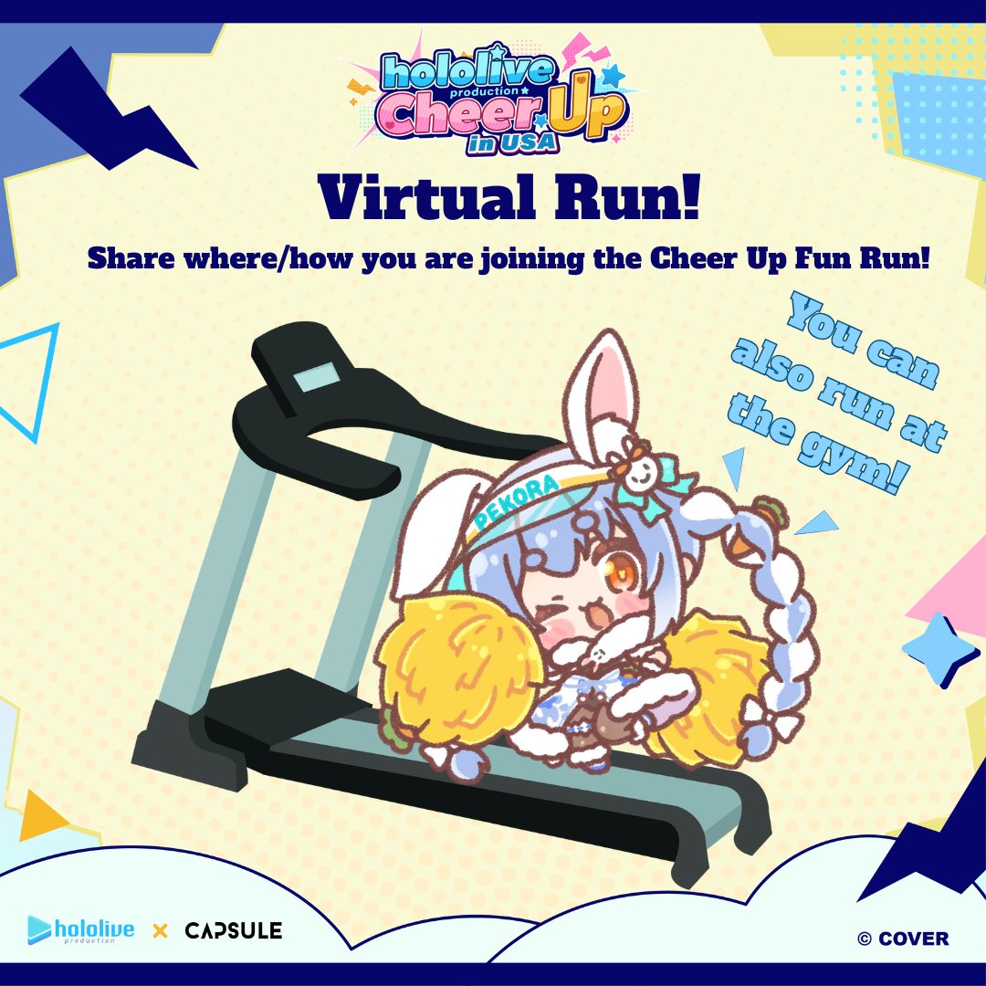 ou_en_event_usa's tweet image. Indoor gang, assemble!!🏃
You don’t have to go outside to join the Virtual Run!
Just hop on a treadmill and bounce your way to victory, easy win!
Let’s Cheer UP no matter where you are~!!
@usadapekora
🎟️Sign up for the Fun Run now:: reurl.cc/DqEgz5
#hololiveCheerUP…