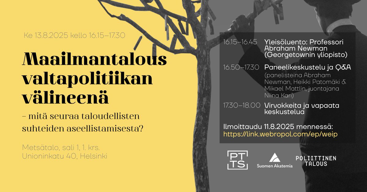 Wow, Abraham Newmanin <a href="/ANewman_forward/">Abraham Newman</a> (kirjan Maanalainen imperiumi kirjoittaja) yleisöluento Helsingissä 13.8., järjestäjänä @poltal_tutkimus.
Uusia eväitä sen pohtimiseen, mitä kansainvälisen kaupan verkostojen aseellistamisesta seuraa. Lisätiedot: fb.me/e/8CiulYAvB