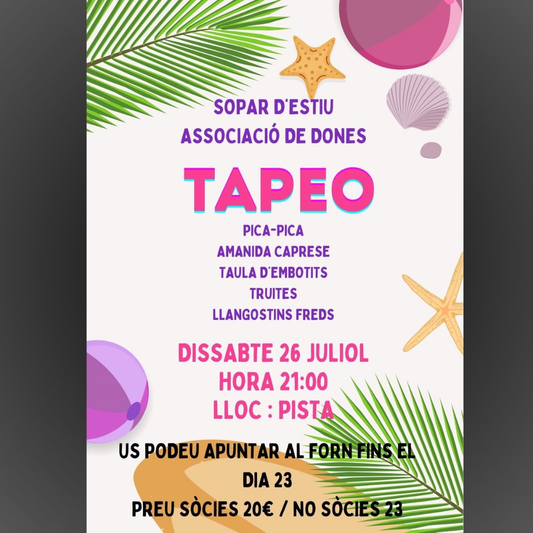 🔊Associació Dones Esperança de Tornabous / Sopar d'estiu 
🗓️ Dissabte 26 de juliol.
⏰ A les 9 del vespre.
📍Pista esportiva.
👉Podeu apuntar-vos al Forn fins el 23 de juliol.
#associaciodonesesperança #municipidetornabous