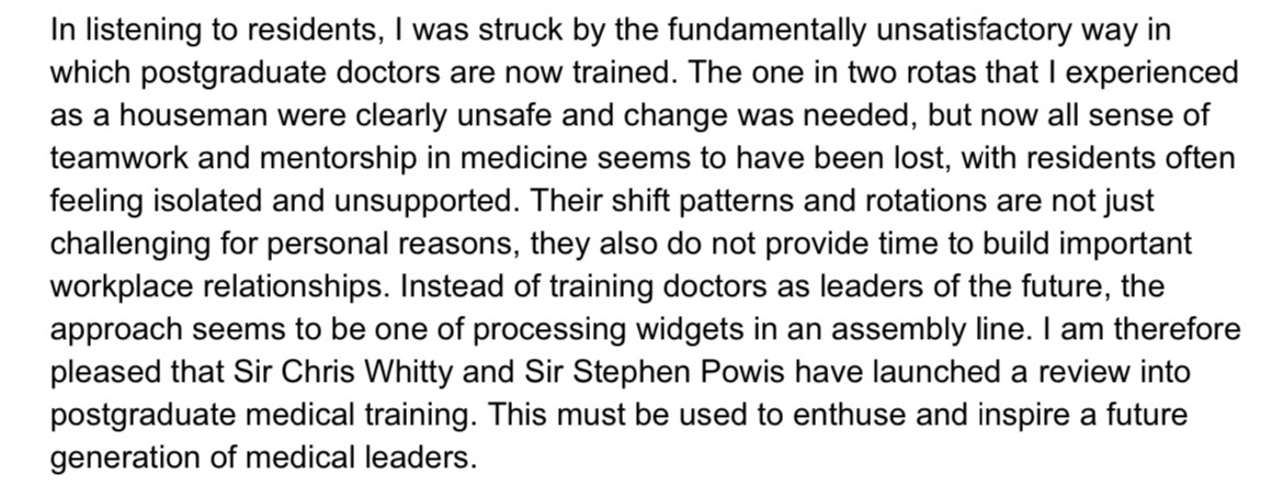 Luke Mordecai (@shr_nottingham) on Twitter photo <a href="/drmattuk/">Dr Matt Kneale (🦋drmk.link)</a> I read the rest of the review coloured by Prof Leng’s forward which I thought was exceptional
Not least because she is quite clear that resident training is broken and she’s the first in a position of true authority to admit it
Powis and Whitty ignore this at their peril <a href="/drmattuk/">Dr Matt Kneale (🦋drmk.link)</a> I read the rest of the review coloured by Prof Leng’s forward which I thought was exceptional
Not least because she is quite clear that resident training is broken and she’s the first in a position of true authority to admit it
Powis and Whitty ignore this at their peril
