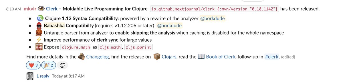 borkdude's tweet image. Clerk, the moldable live programming tool for #clojure and #babashka now work together! Get the latest of both to try it.