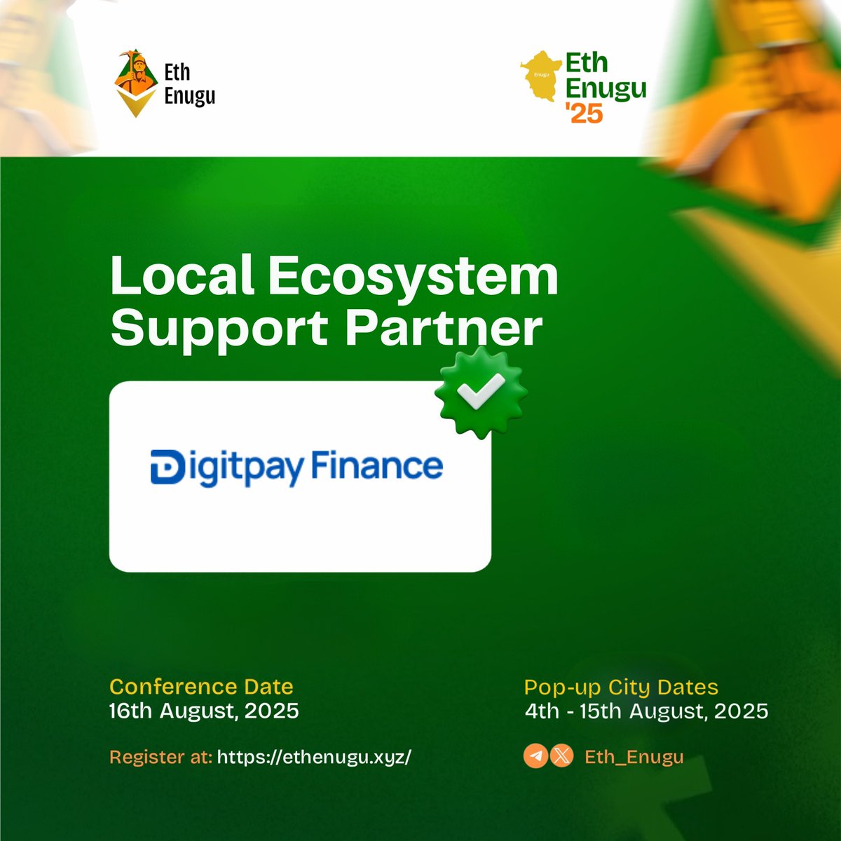 We welcome <a href="/digitpayfinance/">Digitpay Finance ( AyaHQ ‘24 )</a> to the Arena as a local ecosystem Support partner for <a href="/Eth_Enugu/">Eth Enugu || 042 & SE Onchain</a> ‘25!!!!

Built on <a href="/LiskHQ/">Lisk</a>, Digit pay enables people make secure payments from crypto instantly.

Happy to have them onboard!!

Want to join this special support tier? Send us a DM or