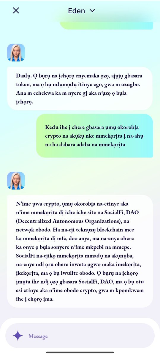 Elite_ofweb3's tweet photo. I actually had some nice conversations with Eden in my language (Igbo).
#passapp
You have to try out https://t.co/9OOGiTJCHY mate💯💯 https://t.co/7WPoVp0Hw5