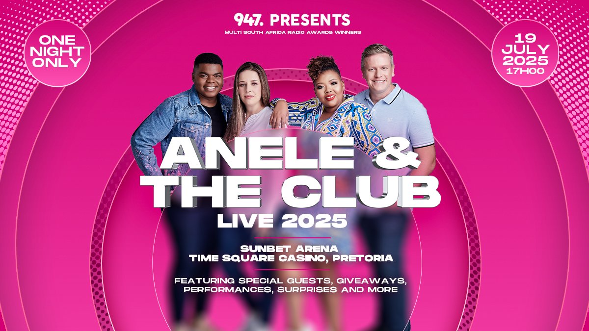 Anele &amp; The Club Live 2025 takes place this Saturday at the Sunbet Arena, Time Square, Pretoria.

LINEUP:
Matthew Mole
Nasty C
Boity Thulo
Will Linley
Chrizz Beatz
Anaya Sounds

Secure your tickets at ticketmaster.co.za

#947 #TicketmasterZA