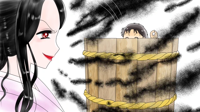 昔のイラスト紹介 福娘童話集昔話13 「食わず女房」8 (あらすじ)男が言われたものを用意すると 「すみませんがこの風呂おけの底に穴が開いていないか見てもらえませんか?」 「よしよし、見てやろう」 男が風呂桶の中に入ると 嫁は風呂おけになわをかけてかつぎ上げました・・続く