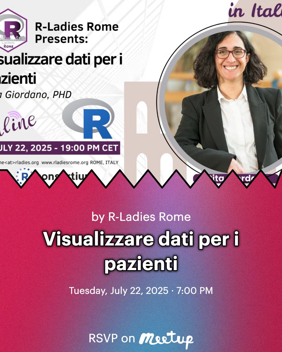 R-Ladies Rome (@rladiesrome) on Twitter photo Scopri come trasmettere efficacemente i dati sanitari. Rita Giordano illustra l'importanza di creare visualizzazioni intuitive per i pazienti, non solo per i ricercatori. 
Partecipa all'evento in italiano! 
RSVP: meetup.com/rladies-rome/e… 
#Sanità #DesignInclusivo Scopri come trasmettere efficacemente i dati sanitari. Rita Giordano illustra l'importanza di creare visualizzazioni intuitive per i pazienti, non solo per i ricercatori. 
Partecipa all'evento in italiano! 
RSVP: meetup.com/rladies-rome/e… 
#Sanità #DesignInclusivo