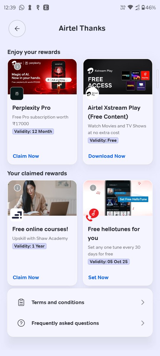 PRsBlog's tweet image. Airtel is offering free Pro subscription of Perplexity AI.
Here is how to claim.
Download Airtel Thanks App.
Visit Rewards & OTT section.
Click on Claim button for Perplexity Pro
Applicable for all Airtel subscribers.
Applicable for new or existing perplexity user. #Airtel