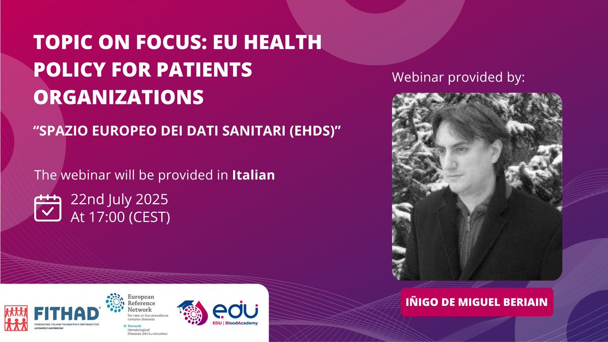 ERNEuroBloodNet's tweet image. 🎯Nuovo ciclo di webinar per associazioni di pazienti!
📌 Tema in Primo Piano – Politiche sanitarie europee per i pazienti
📅 Prima sessione: martedi 22 luglio, ore 17.00 CEST
📍 In italiano – gratuito – aperto a tutti.
🔗 lnkd.in/dT226mFC
#ERNeu #ERNs #HealthUnion
