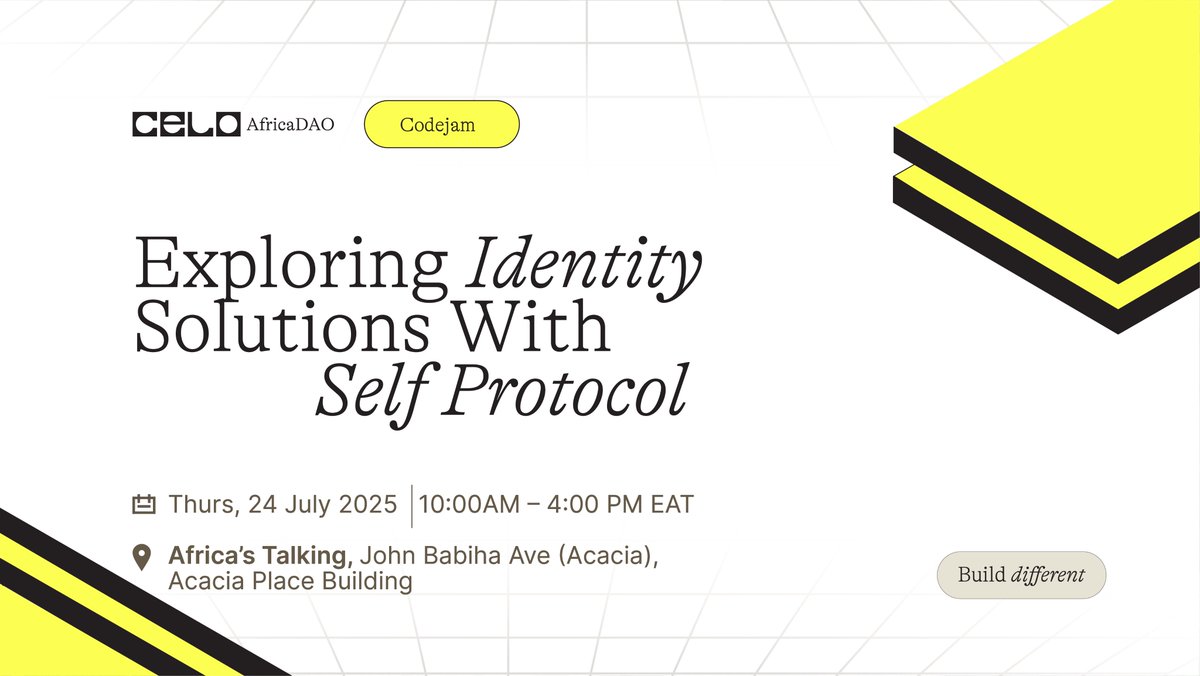 CeloUganda's tweet image. 🔐 Ready to build the future of digital identity?
Join us on July 24th w/ @CeloAfricaDao as we dive into @selfprotocol, a groundbreaking approach to identity in Web3!
📍 Africa’s Talking, Acacia, Kampala
Register: lemonade.social/e/gkVKud7s