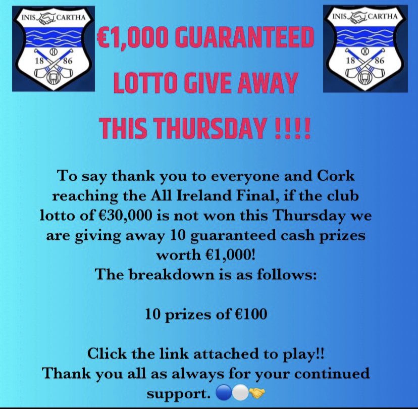 ScarraGAA's tweet image. TONIGHTS Club Lotto JACKPOT IS €30,000!
Play online by clicking HERE: bit.ly/2OJIsJj
Draw takes place in The Huntsman at 9pm. Thank you all for your continued support.