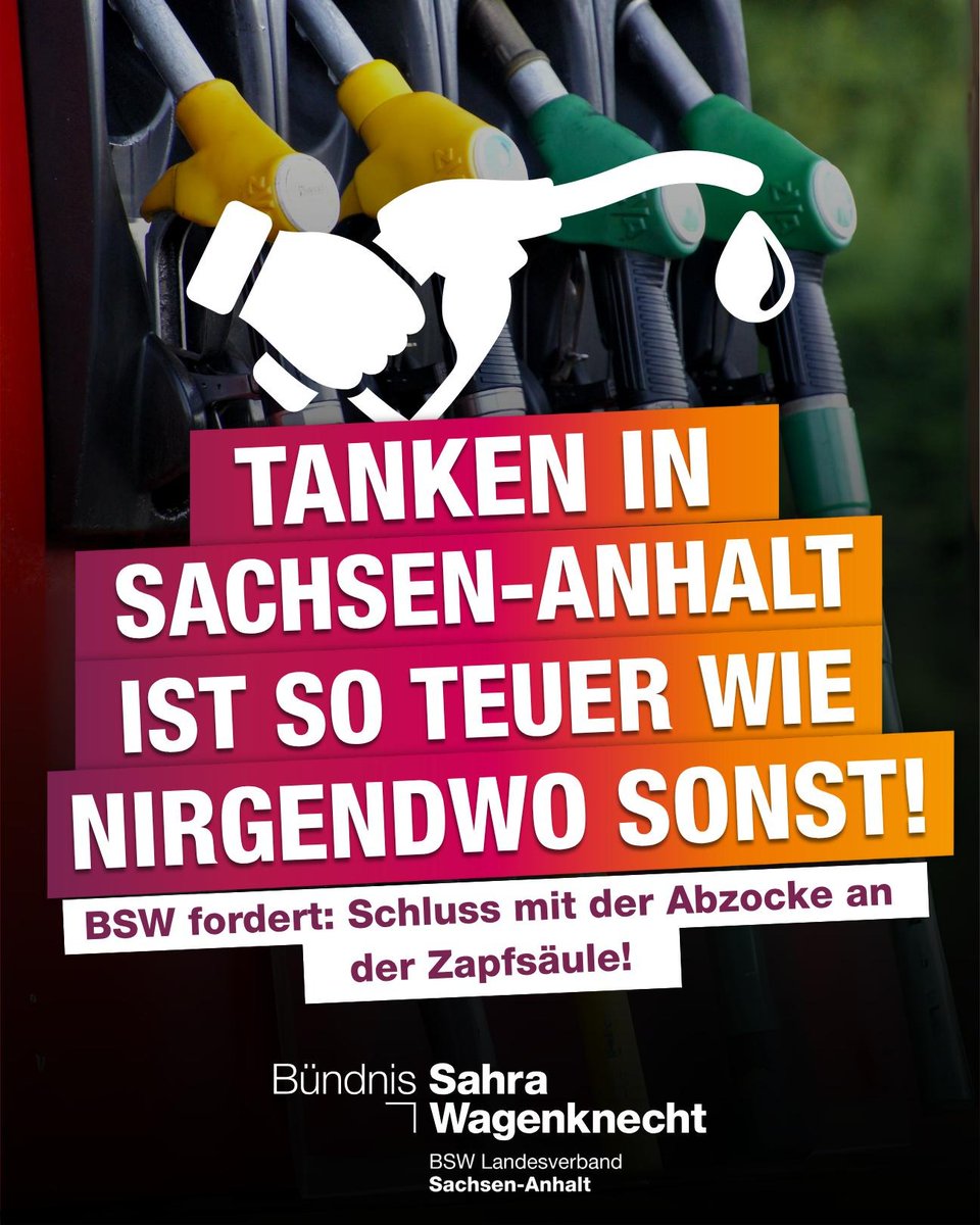 bsw_vg_lsa's tweet image. Sachsen-Anhalt hat aktuell die höchsten Spritpreise in ganz Deutschland.
Laut einer aktuellen ADAC-Auswertung vom 15. Juli 2025 kostet der Liter Super E10 im Land durchschnittlich 1,706 Euro – das sind fast 10 Cent mehr als im günstigsten Bundesland, dem Saarland. Beim Diesel…
