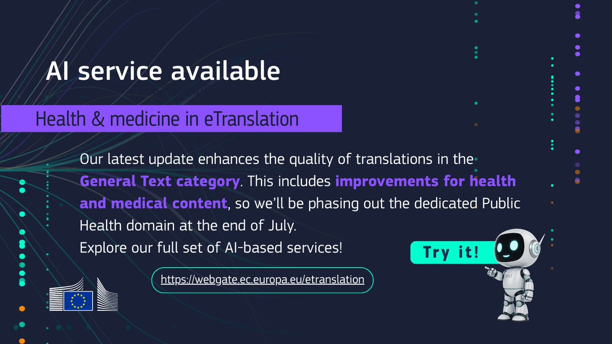 Do you work for a public administration, university, small business or NGO in the EU? Explore our full set of AI-based services! 

➡️ language-tools.ec.europa.eu  

#eTranslation #AI #Innovation #Multilingual #DigitalEurope