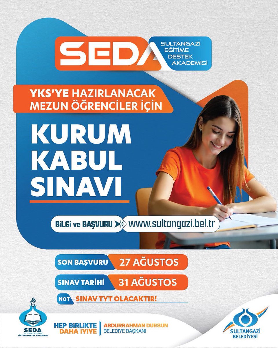SEDA (Sultangazi Eğitime Destek Akademisi) olarak, 2025 YKS’ye hazırlanan mezun öğrencilerimiz için Kurum Kabul Sınavı düzenliyoruz. Geleceğini birlikte şekillendirmek isteyen tüm mezun öğrencileri bu önemli sınava bekliyoruz. 😊

🖱️ Başvuru: sultangazi.bel.tr
