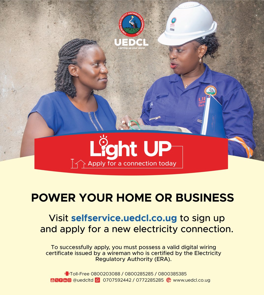 UEDCLTD's tweet image. Need power? Let’s get you connected.
Visit 👉 selfservice.uedcl.co.ug and apply in minutes!
#UEDCLinService #LightingUpYourWorld
