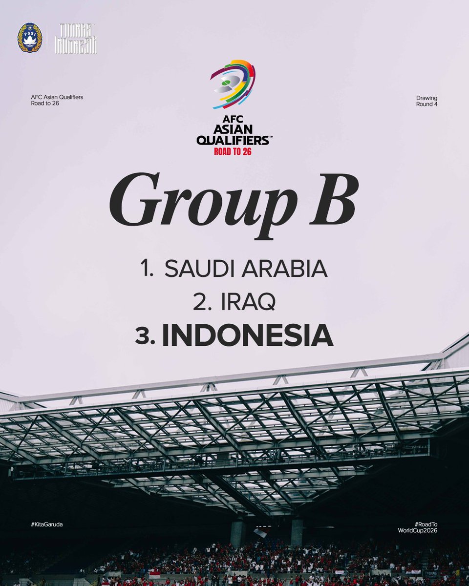 🎲 AFC #AsianQualifiers 𝐑𝐎𝐔𝐍𝐃 𝟒 🏆

✍️ Grup B
🆚 Irak, Arab Saudi
🗓️ 8 — 14 Oktober 2025

‣ #KitaGaruda ‣ #GarudaMendunia
